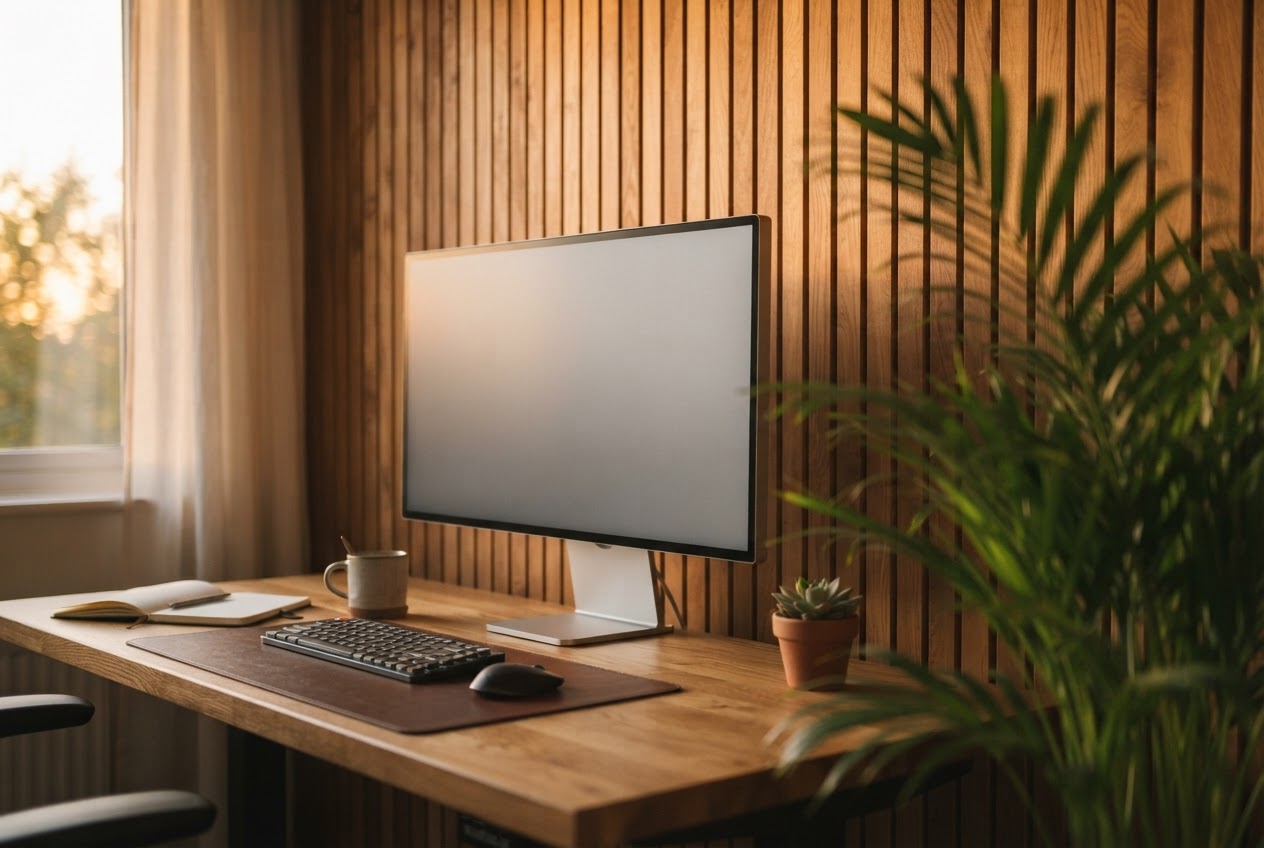 A monitor on a desk in a warm, sunlit office